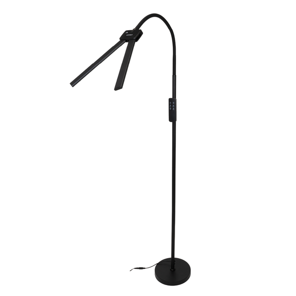 Schwarze LED-Stehleuchte mit zwei verstellbaren Köpfen, flexiblem Hals und rundem Standfuß.