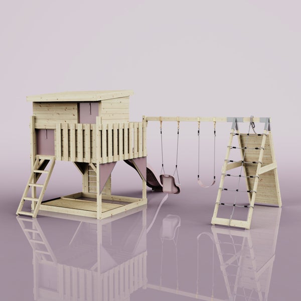 Spielturm aus Holz mit Rutsche, zwei Schaukeln, Kletterwand und Spielhaus.