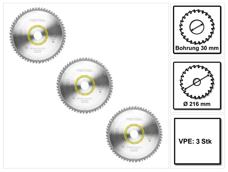 Festool 3x Feinzahn Kreissägeblatt HW 216 x 2,3 x 30 mm W60 216 mm 60 Zähne ( 3x 500125 )