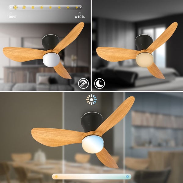 Deckenventilator mit Licht, Holzflügeln, dimmbar von 100 bis 10 Prozent, einstellbare Farbtemperatur und Nachtmodus-Funktion.