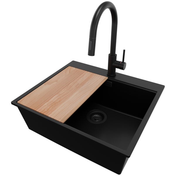 Schwarze Küchenspüle mit Schneidebrett und Wasserhahn
