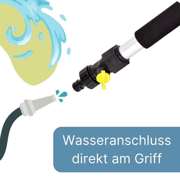 Wasseranschluss mit integriertem Ventil direkt am Griff einer Reinigungsbürste oder Teleskopstange
