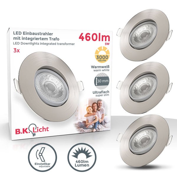 Einbaustrahler 68mm 3er Set - 230V, 4,9W, 480lm, LED, warmweiß, matt-nickel