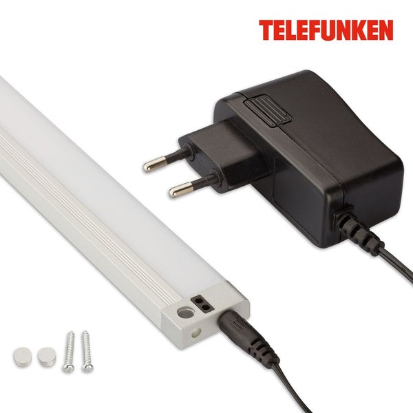 Telefunken LED Unterbauleuchte inklusive Netzteil, Schrauben, Magneten und Telefunken Logo.