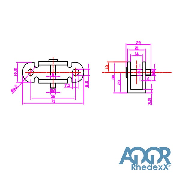 Technische Zeichnung eines Montagebügels mit detaillierten Maßangaben und AQOR RhedexX Logo.