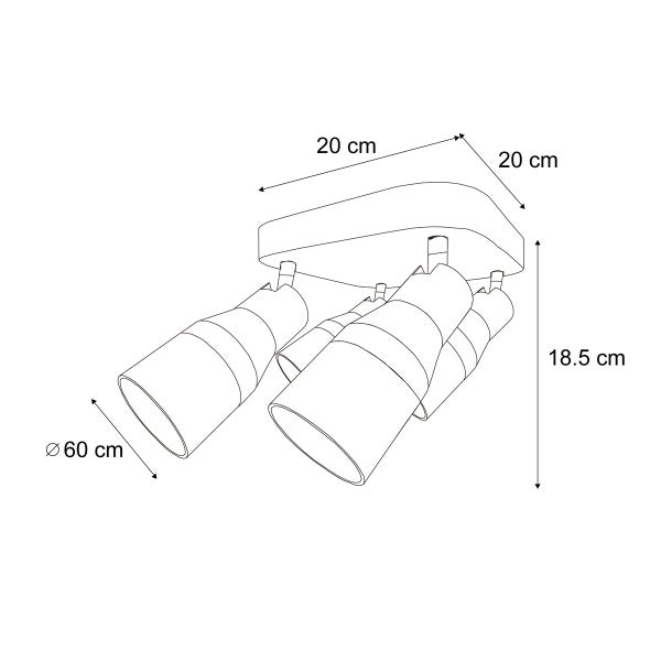 Technische Zeichnung einer Deckenleuchte mit vier Strahlern und Maßangaben
