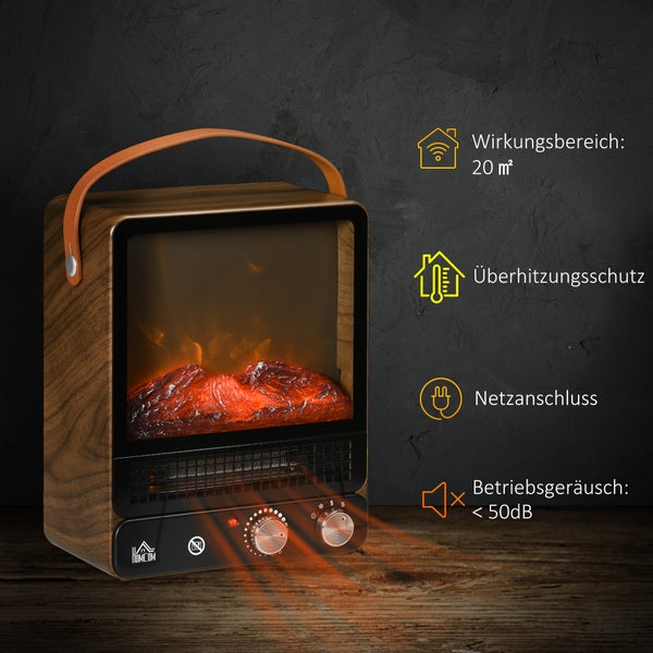 HOMCOM Elektrokamin mit Flammeneffekt, Griff, 750/1500W, mit Überhitzungsschutz für Wohnzimmer & Innenräume, 35L x 26B x 33,5H cm, ABS, PC, Stahl, gehärtetes Glas, Gelb+Grün