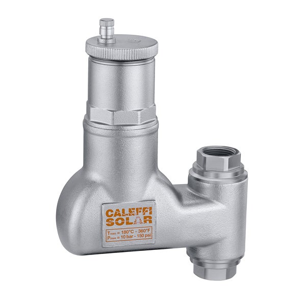 Caleffi Solar automatischer Luftabscheider aus Metall für Solaranlagen, maximale Temperatur 180 Grad Celsius, maximaler Druck 10 bar.