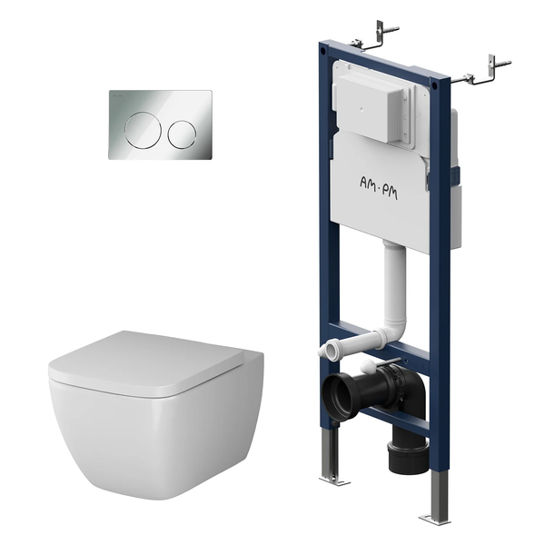 AM.PM Wand-WC Set Tiefspüler offener Spülrand weiß glänzend mit WC-Sitz , Vorwandelement und Betätigungsplatte chrom IIS90151.GA1700