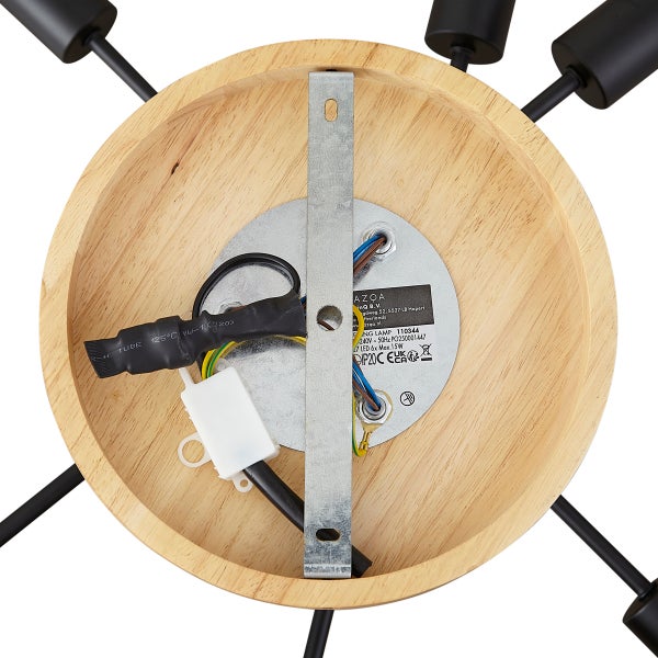 Befestigung einer Deckenleuchte mit Holzgehaeuse und Metallmontageplatte sowie elektrischem Anschluss