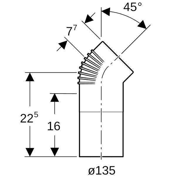 Technische Zeichnung eines Rohrknies mit 45 Grad Winkel, Durchmesser 135 Millimeter und Höhenangaben von 22,5 und 16 Zentimeter.