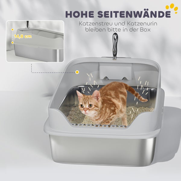 Katzenklo aus Edelstahl mit hohen Seitenwänden aus Kunststoff und integrierter Streuschaufel-Halterung. Wandhöhe circa 14,8 Zentimeter.