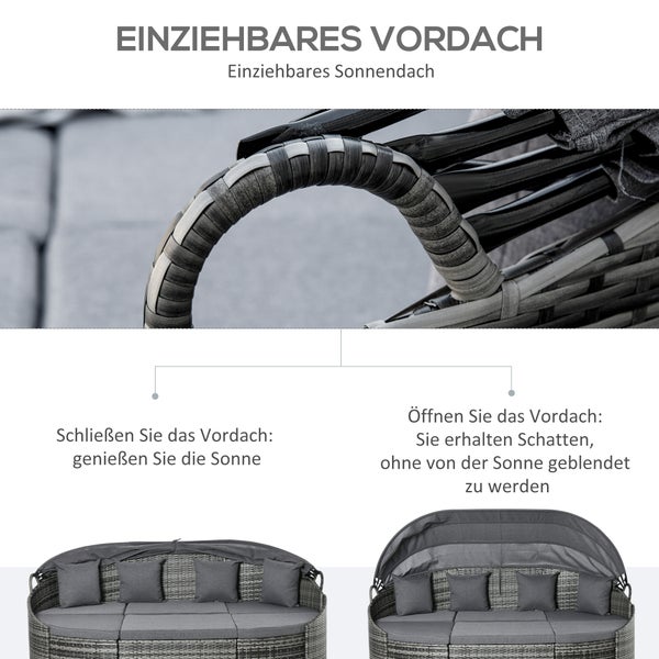 Outsunny 4-teilige Rattan Sonneninsel Sitzgruppe Liegeinsel mit Sonnendach, 4 Kissen für Garten, Balkon Metall Grau 230 x 145 x 80 cm