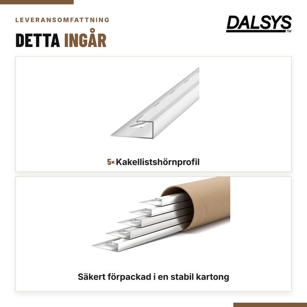 Set aus 5 Dalsys Flieseneckprofilen aus Metall, sicher verpackt in einer stabilen Kartonhülse für den Versand.