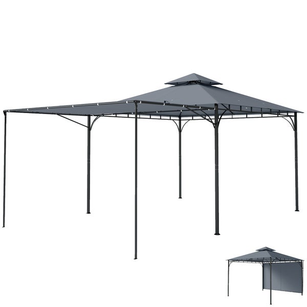 Gartenpavillon mit Metallgestell, grauem Stoffdach, Belüftungsöffnung im Doppeldach und ausziehbarem Seitenteil.