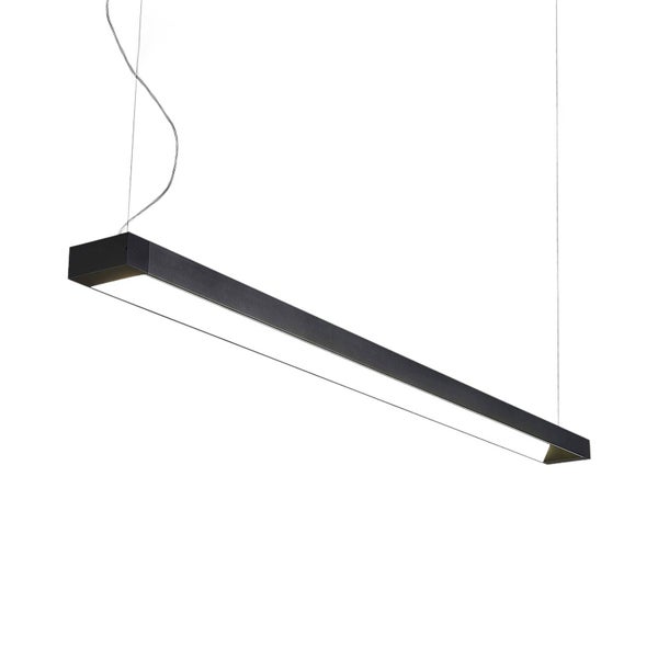 Schwarze lineare LED-Pendelleuchte mit weißem Diffusor.