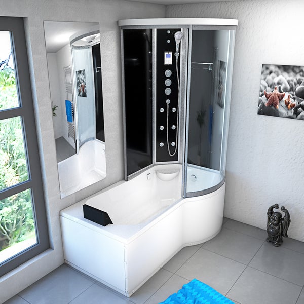 Dusch-Badewannen-Kombination in einem modernen Badezimmer mit Glaswänden, schwarzem Paneel und Kopfstütze.