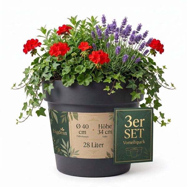 Blumentopf im 3er Set mit 40 Zentimeter Durchmesser und 34 Zentimeter Höhe sowie 28 Liter Fassungsvermögen inklusive Blumenbepflanzung