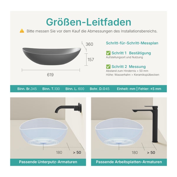EMKE Waschbecken 615×360 mm, Ovales Aufsatzwaschbecken ohne Hahnloch, Keramik, Matt Dunkelgrau, Höhe: 155mm, Modernes Design, Kratzfest, Fleckenresistent, Pflegeleicht
