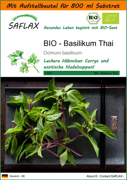 SAFLAX Garden in the bag - BIO - Basilikum Thai - Ocimum basilicum - 250 Samen - Mit Anzuchtsubstrat im praktischen, selbst aufstellenden Beutel