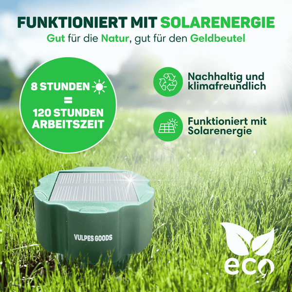 Vulpes Goods Maulwurfabwehr - Ultraschall Maulwurfschreck - Maulwurfvertreiber - Flexible Verwendung durch Solarmodul - 4 Stück