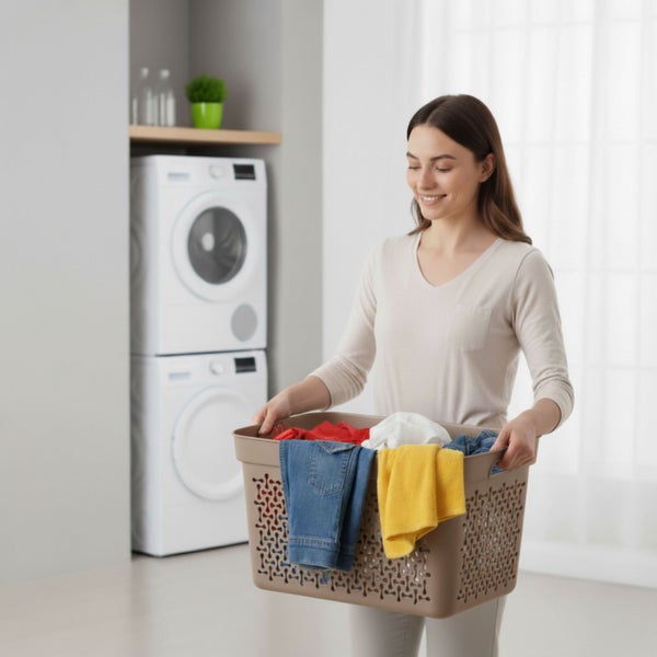 Frau hält Wäschekorb mit Kleidung vor Waschmaschine und Trockner