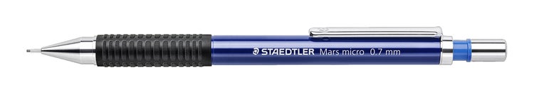 Blauer Staedtler Mars micro Druckbleistift mit 0,7 Millimeter Minenstärke und gummierter Griffzone.