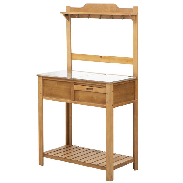 Outsunny Pflanztisch mit verzinkter Arbeitsplatte Gärtnertisch für Garten Balkon und Terrasse mit Ablage Blumenregal Blumenständer aus Tannenholz Metall Natur 80 x 42 x 142 cm