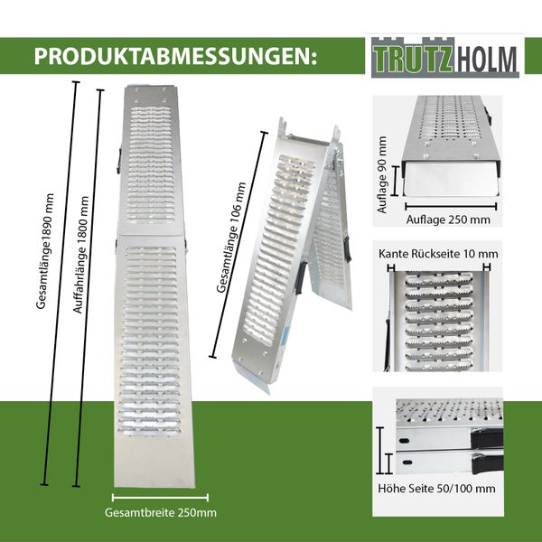 TRUTZHOLM 1 x Auffahrrampe klappbar 189cm Tragkraft 200 kg Stahl grau geriffelt Verladerampe Rampe