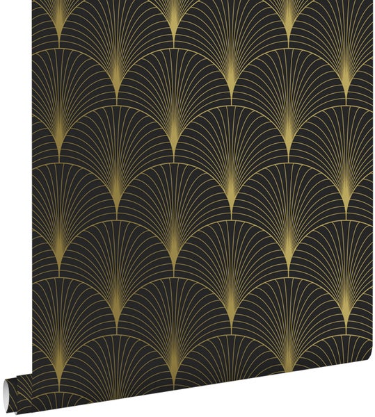 ESTAhome Tapete Art Decó Muster Schwarz und Gold - 53 cm x 10.05 m - 139457