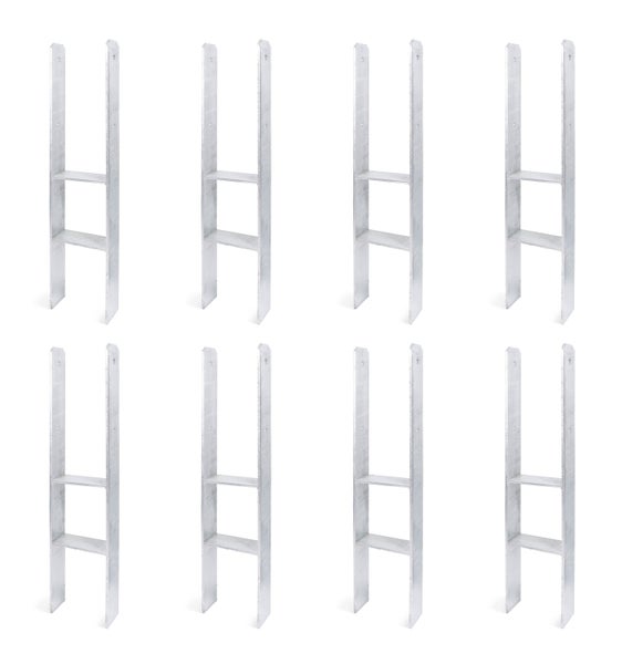 Set aus acht verzinkten Pfostenträgern in U-Form zur stabilen Befestigung von Holzbalken im Boden.