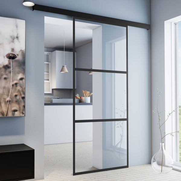 Schiebetür Komplettset Glas Tür Glasschiebetür gerahmt schwarz klarglas 1025x2200 Nischentür  -  beidseitiger SoftClose