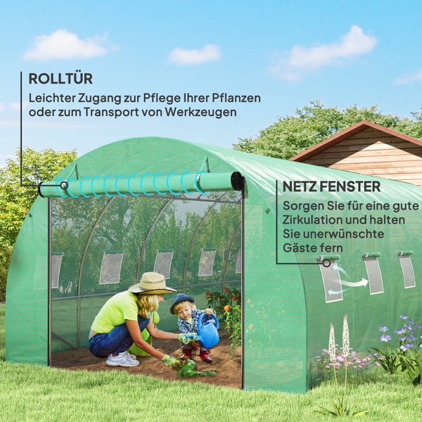 Outsunny Gewächshaus Foliengewächshaus mit 12 Fenster, Rolltür, Aufrollbar Seitenwänden, UV-beständiger Folientunnel, Winterfest Tomatenhaus mit Erdanker, Grün
