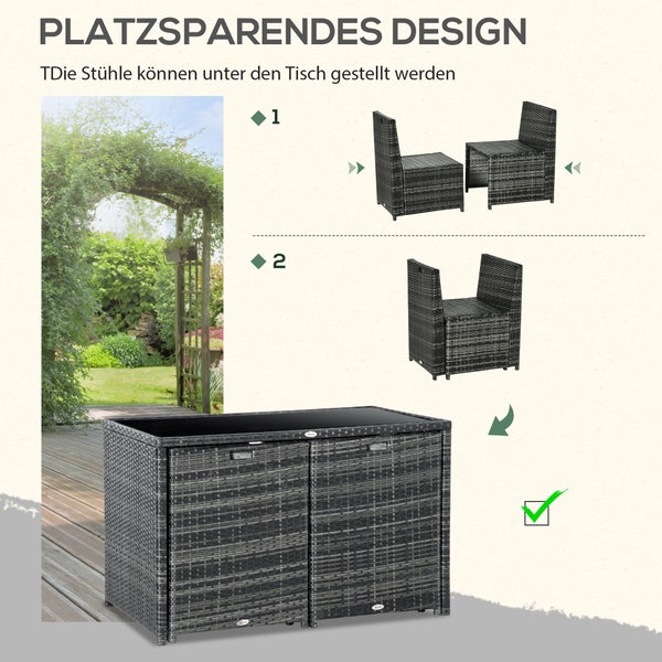Platzsparendes Gartenmöbel-Set aus Polyrattan, Stühle lassen sich kompakt unter den Tisch schieben.