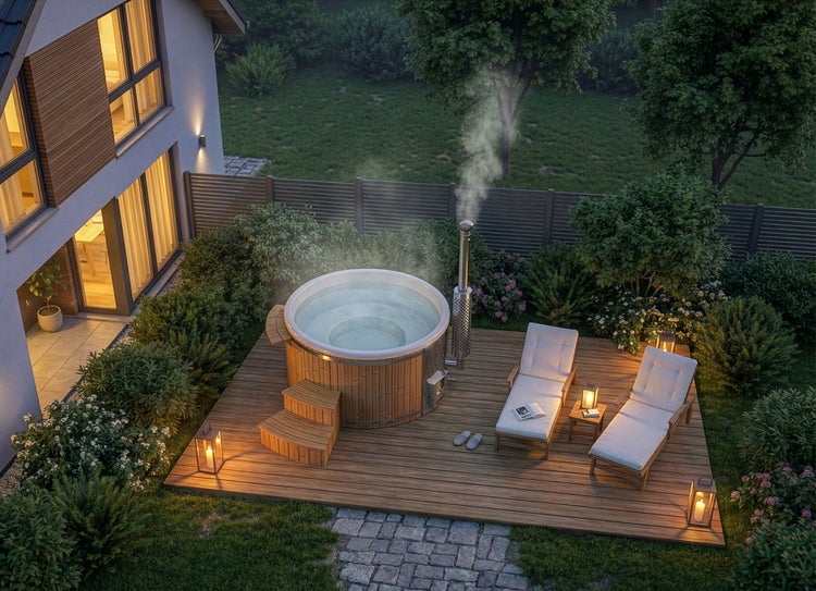 Badebottich aus Holz mit Außenofen auf einer Holzterrasse im beleuchteten Garten mit Sonnenliegen und Laternen bei Dämmerung.