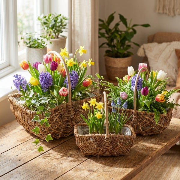 Drei rustikale Weidenkörbe gefüllt mit einer Auswahl an Frühlingsblumen wie Tulpen, Narzissen und Hyazinthen auf einem Holztisch dekoriert.