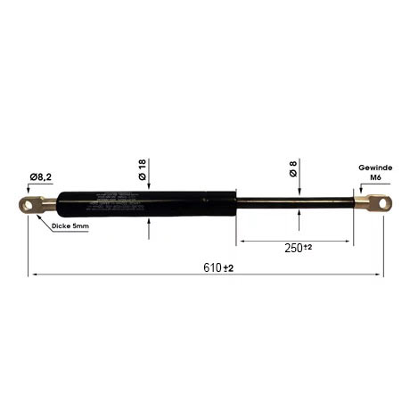 Gasdruckfeder mit Maßangaben: Gesamtlänge 610 plus minus 2 Millimeter, Hub 250 plus minus 2 Millimeter, Zylinder 18 Millimeter, Gewinde M6.
