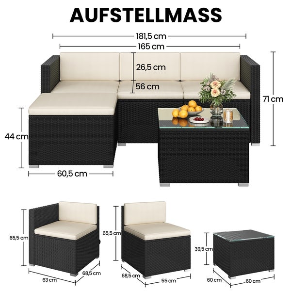 Abmessungen eines schwarzen Loungesets mit Auflagen und Tisch