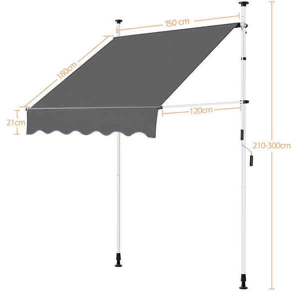 Freistehende Markise mit den Maßen 180 x 150 Zentimeter und einer Höhe von 210 bis 300 Zentimeter.