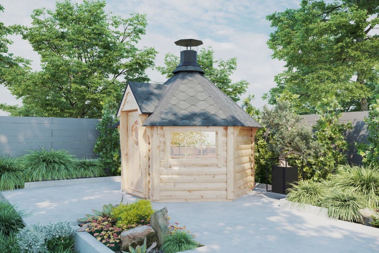 Gartenszene mit Grillkota aus Holz und Dach mit Schornstein