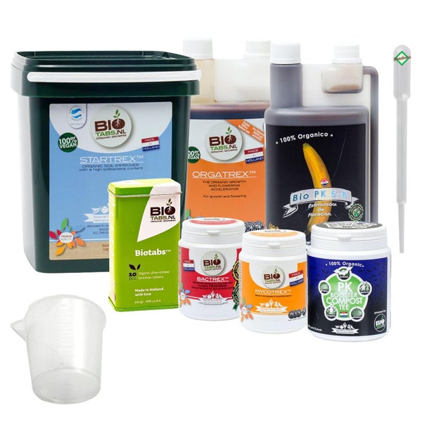 Veganes BioTabs Organic Starterpack für Pflanzenanbau mit Startrex, Orgatrex, Mycotrex, Bactrex, Bio PK 5 bis 8, Messbecher und Pipette.