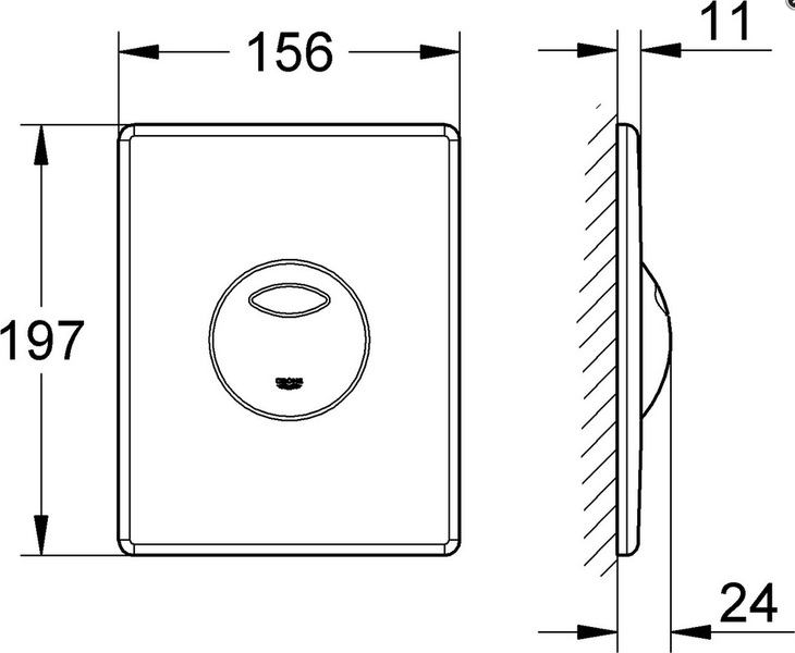 Maßzeichnung der Grohe Betätigungsplatte mit einer Breite von 156 Millimetern und einer Höhe von 197 Millimetern.