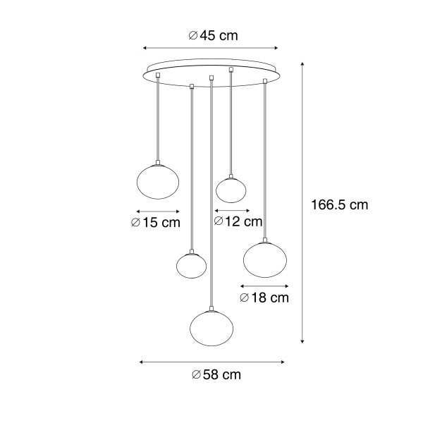 Technische Zeichnung einer Pendelleuchte mit fünf Kugeln und Maßangaben