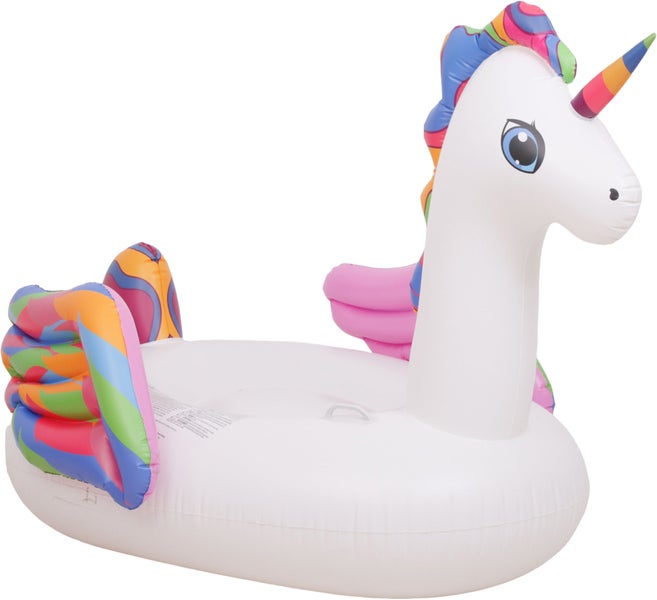 Aufblasbares Einhorn Badetier mit bunten Flügeln und Horn für den Pool.