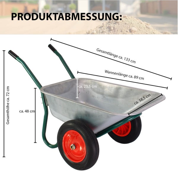 Produktdarstellung einer Schubkarre mit Maßangaben