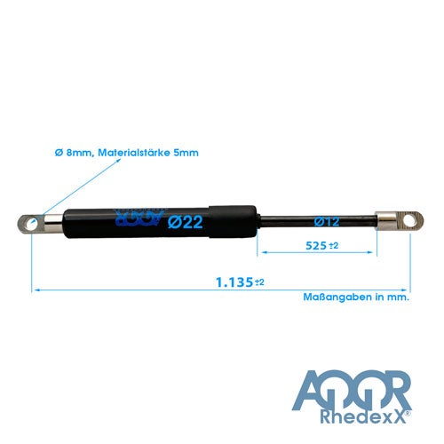 Gasdruckfeder AQOR RhedexX, Länge 1135 Millimeter, Hub 525 Millimeter, Zylinder 22 Millimeter, Stange 12 Millimeter, AQOR RhedexX Logo.