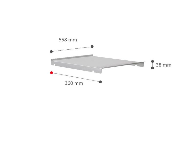 Regalboden aus Metall mit Maßangaben 558 mal 360 mal 38 Millimeter