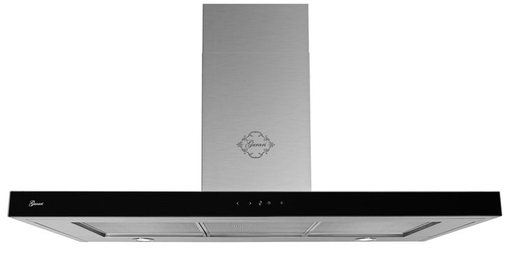 Wand-Dunstabzugshaube aus Edelstahl mit schwarzer Front, Touch-Bedienfeld und Gurari Logo.
