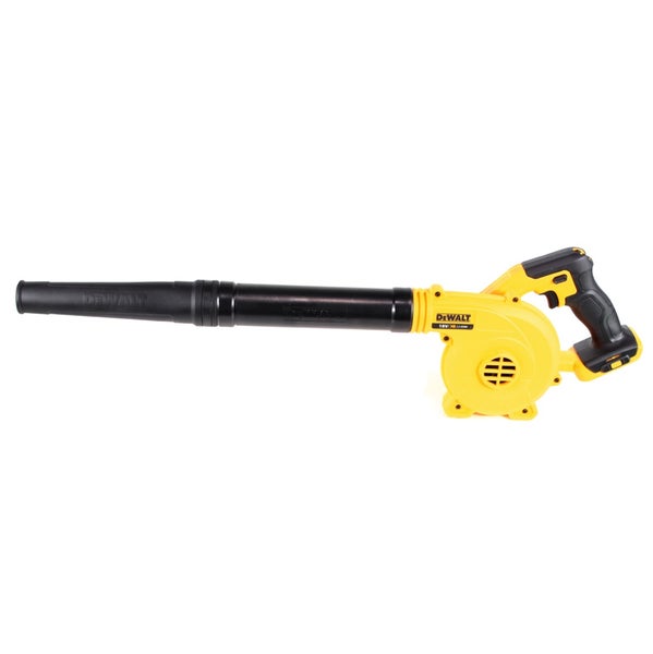 DeWalt Akku-Gebläse mit langem schwarzem Blasrohr und ergonomischem Griff.