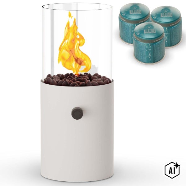 Tischkamin mit Glaszylinder und Dekosteinen inklusive drei Gaskartuschen als Brennstoff für den Betrieb.